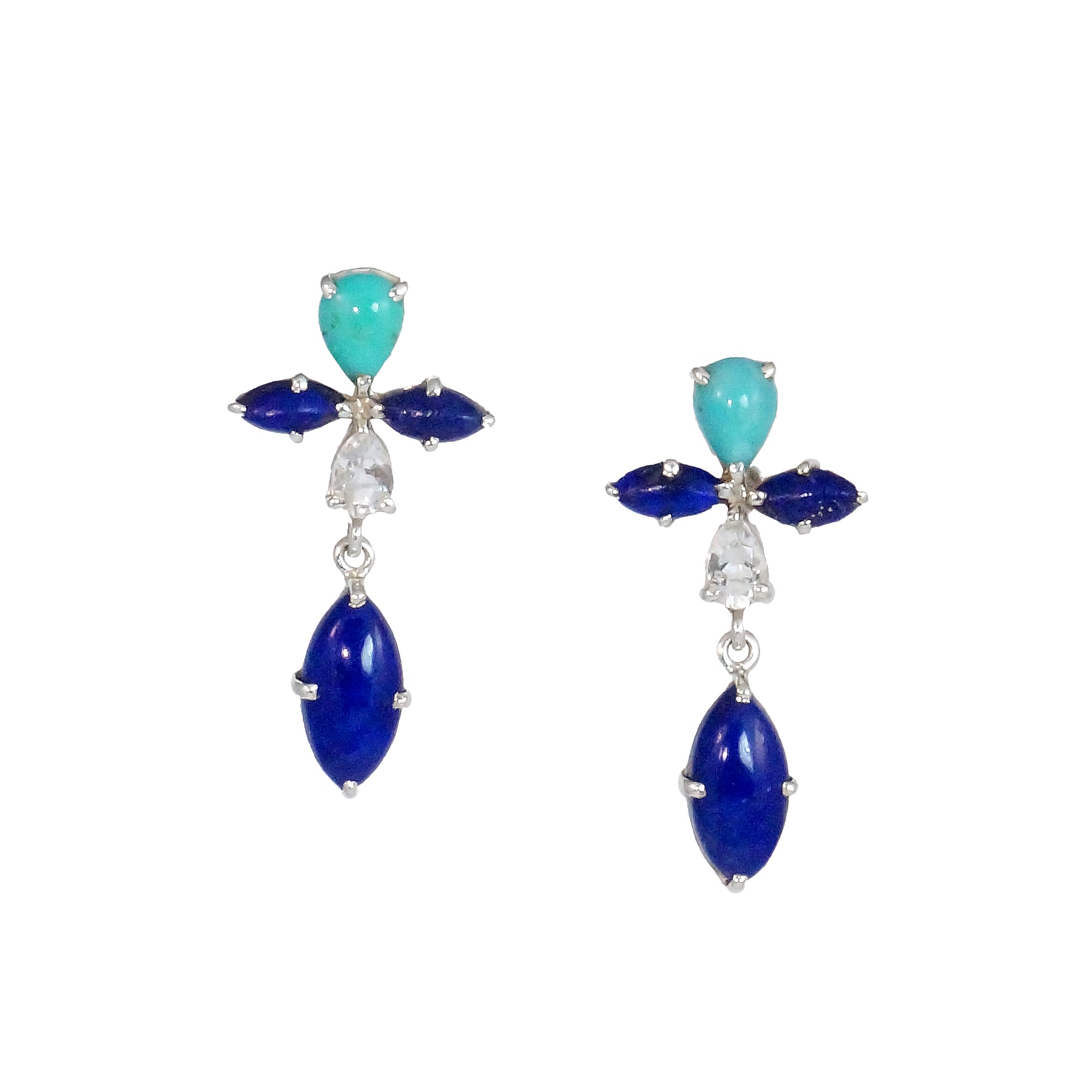 Lapis, Turquoise and White Topaz Drop Earrings