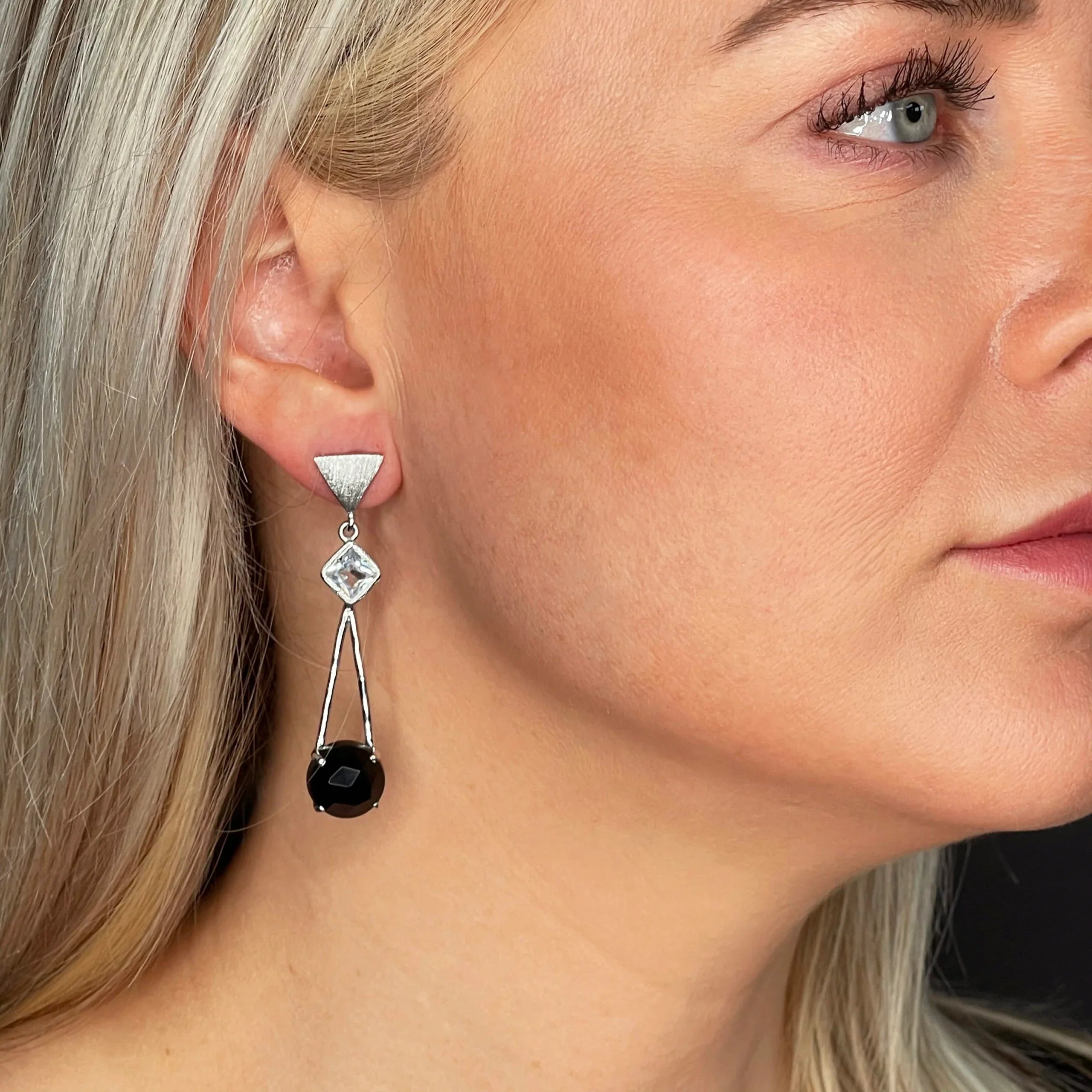 Silver Triangle Drop Earrings with Spinel and White Topaz - Q Evon Fine Jewelry