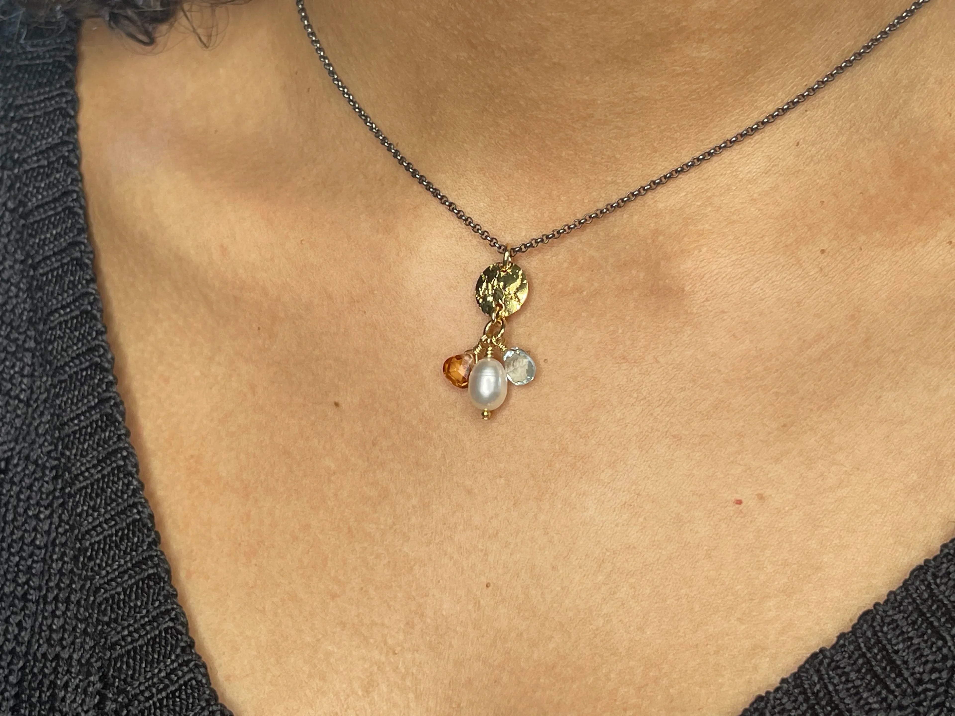 Gold Disc and Gemstone Cluster Mixed Metal Necklace - Q Evon Fine Jewelry