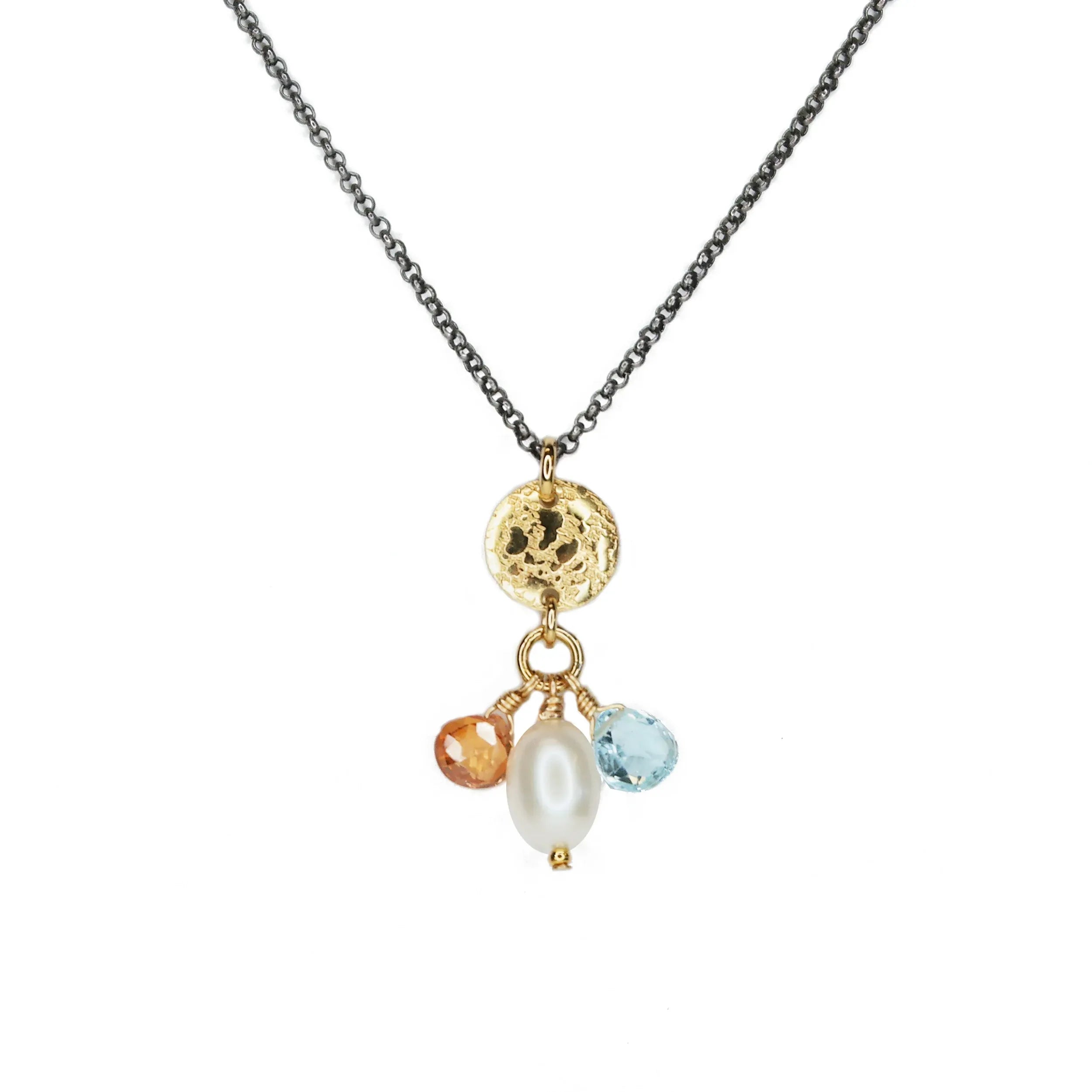 Gold Disc and Gemstone Cluster Mixed Metal Necklace - Q Evon Fine Jewelry