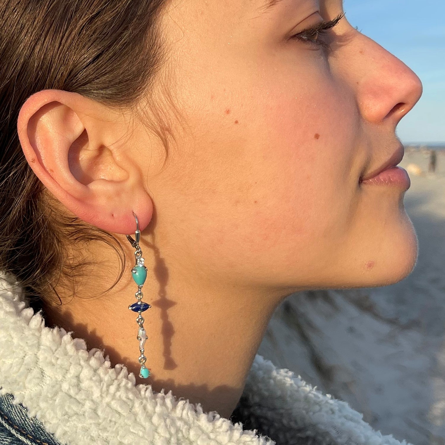 Lapis, Sleeping Beauty Turquoise & White Topaz Drop Earrings