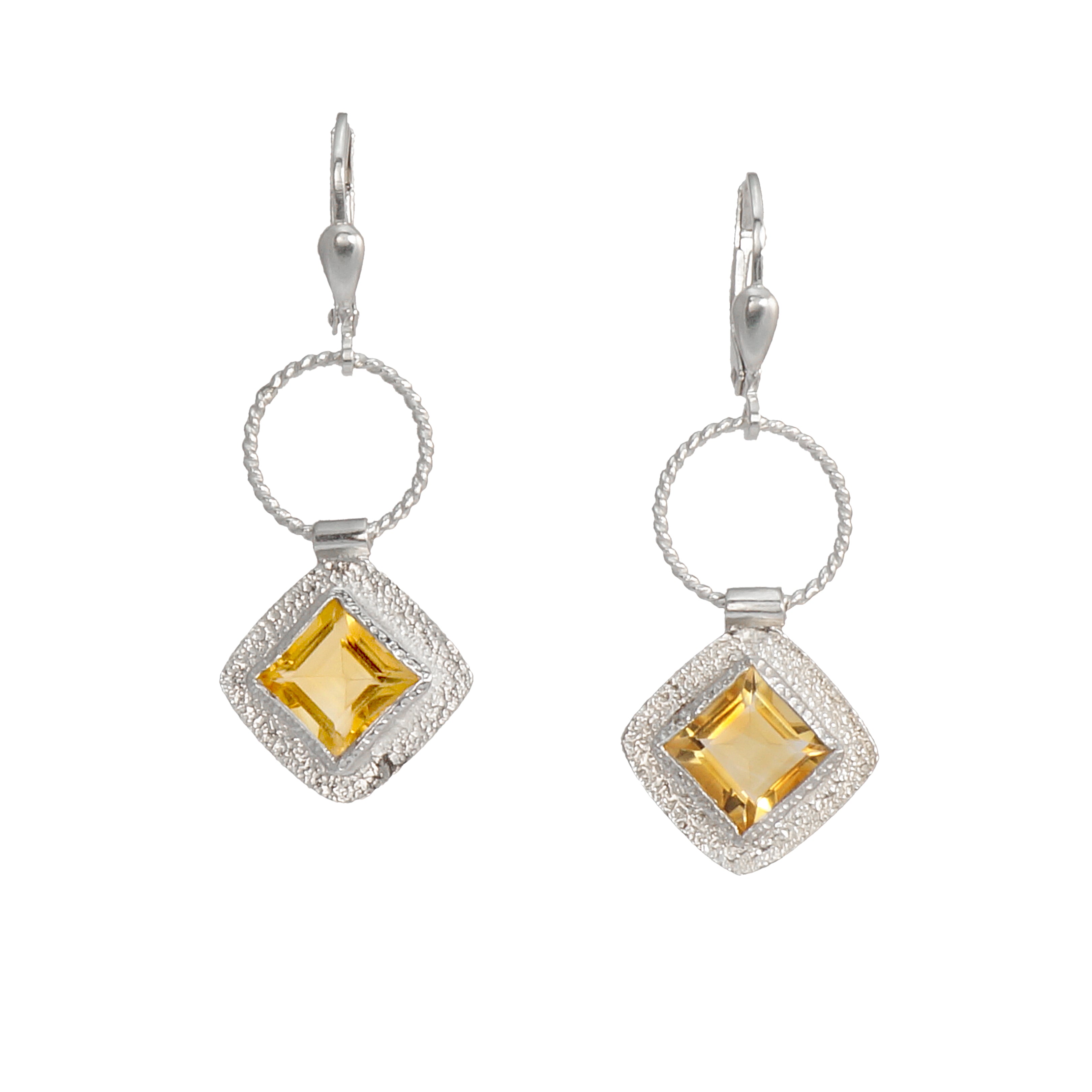 Twisted Silver Square Gemstone Earrings