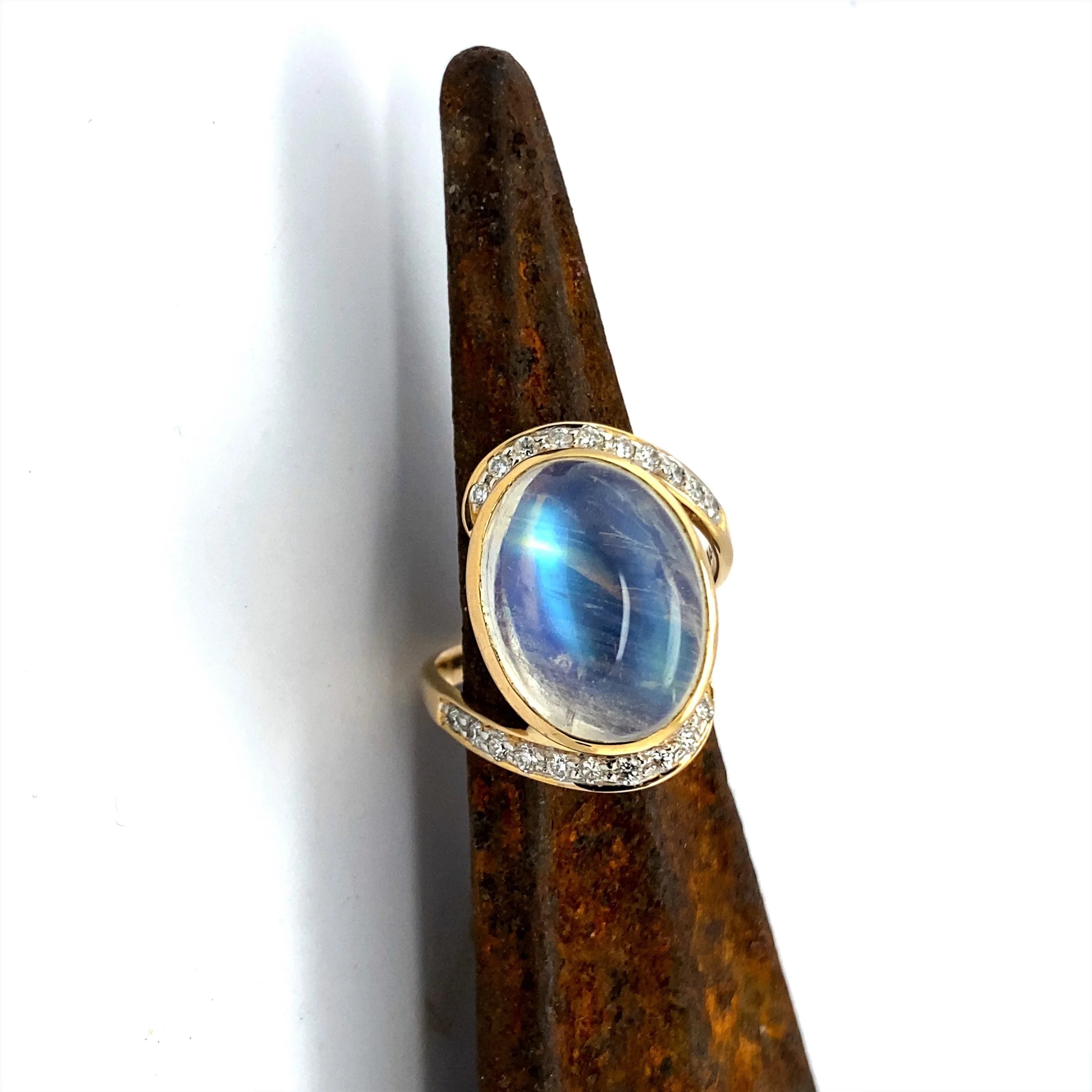 14k Gold Moonstone Ring with White Diamonds - Q Evon Fine Jewelry