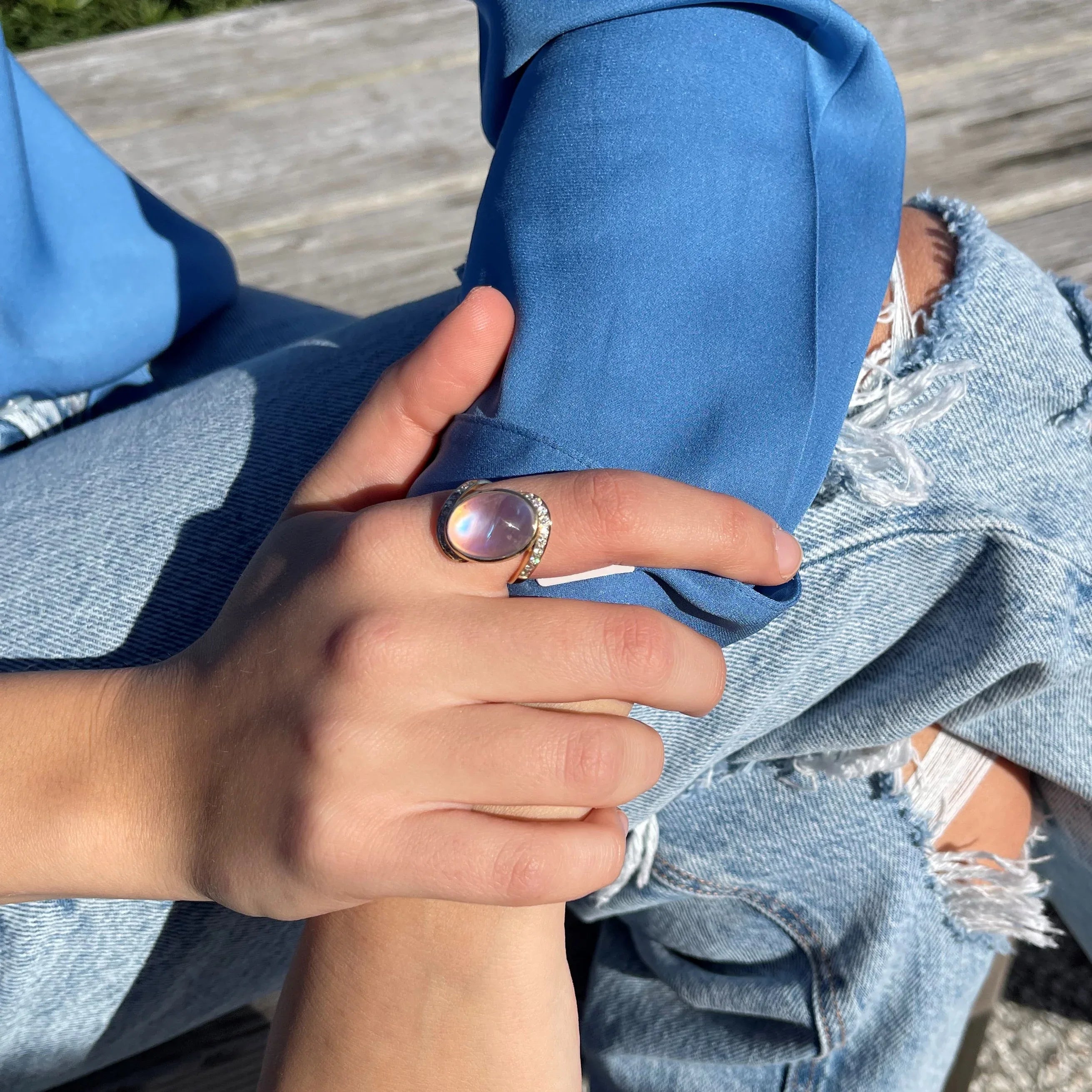 14k Gold Moonstone Ring with White Diamonds - Q Evon Fine Jewelry