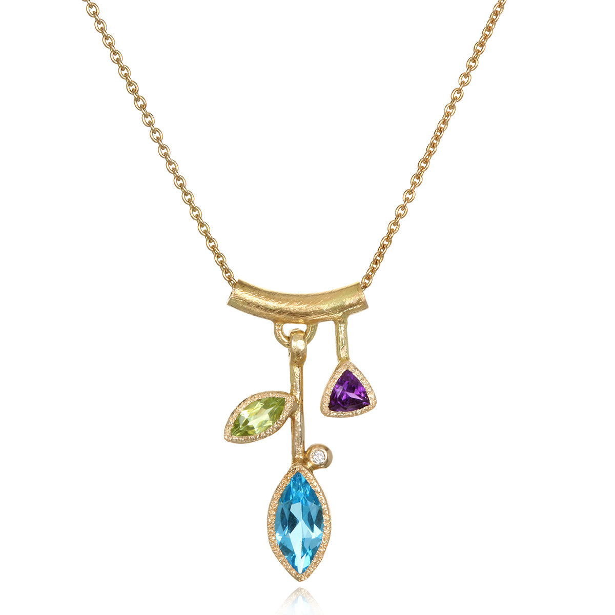 3 Stone Petal Pendant Blue Topaz - 14k Gold with White Diamond, Small