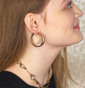 Black and 14k Gold Post Earrings - Large Omega Clip Earrings