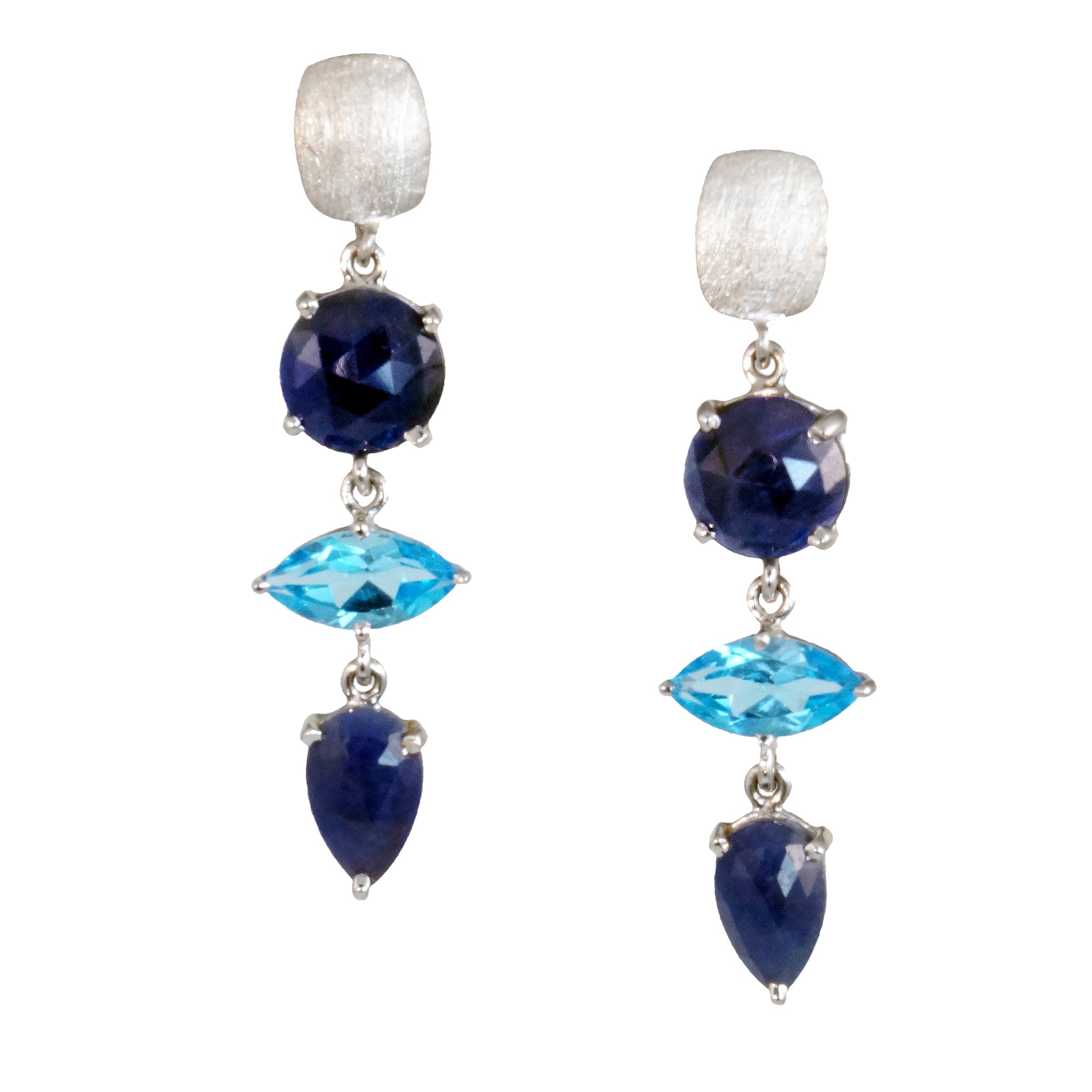 Rose Cut Blue Sapphire Slices with Blue Topaz Drop Earrings