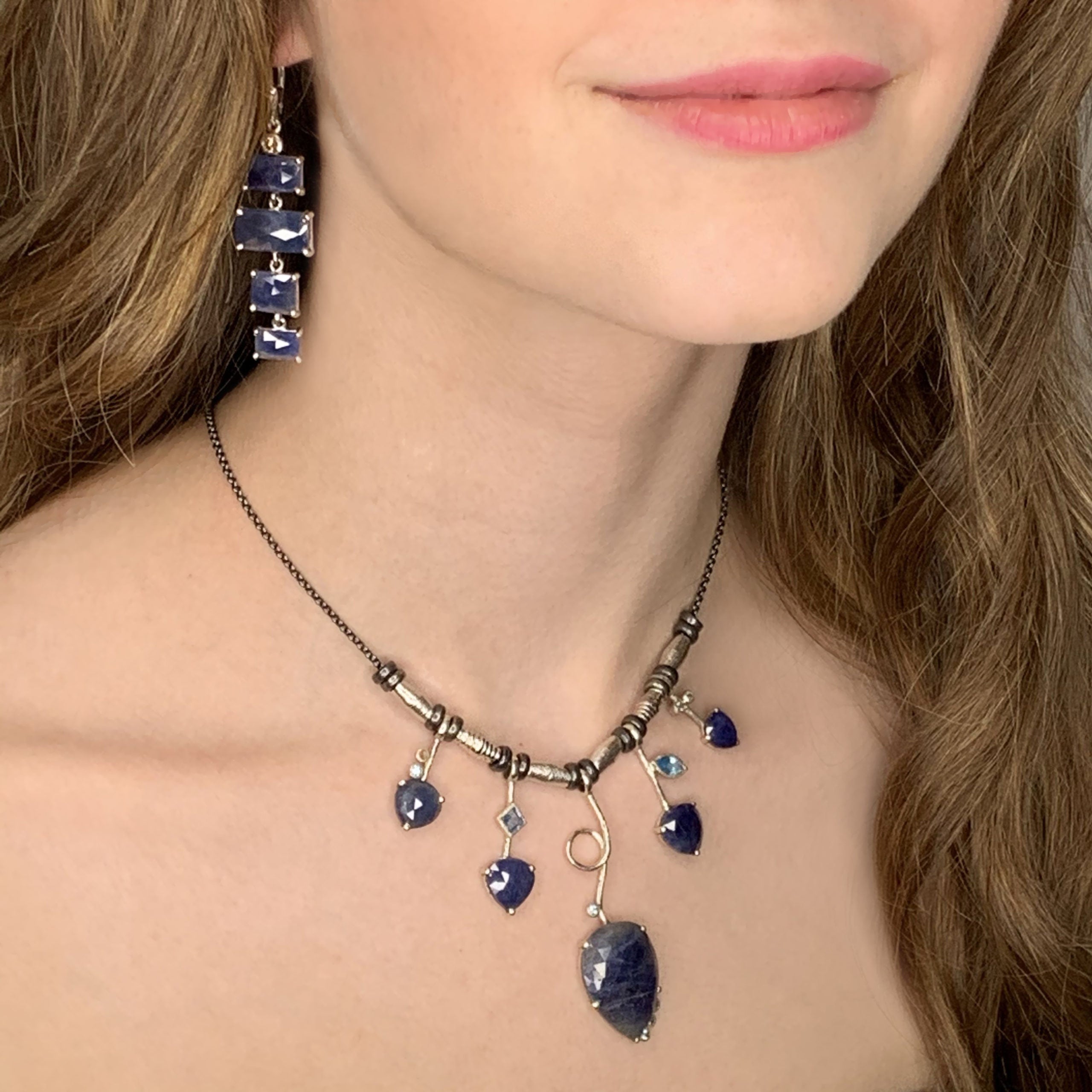 Rose Cut Blue Sapphire Slice Drop Earrings with Champagne Diamond