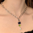 Blue Rose Cut Sapphire Slice & Peridot Pendant - Q Evon Fine Jewelry