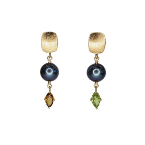 18K Peacock Pearl, Tourmaline and Peridot Earrings