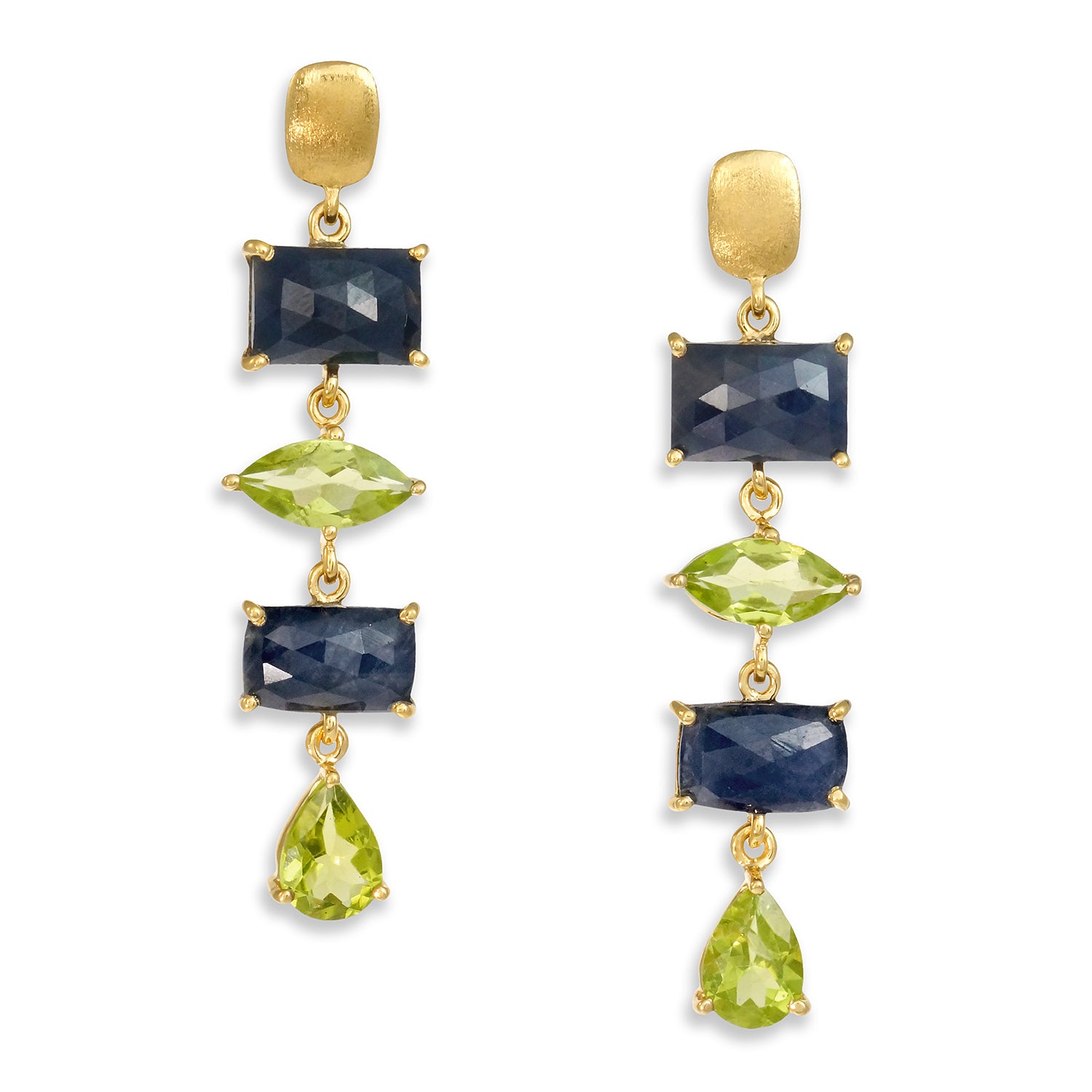 Rose Cut Blue Sapphire Slices with Peridot Gold Earrings