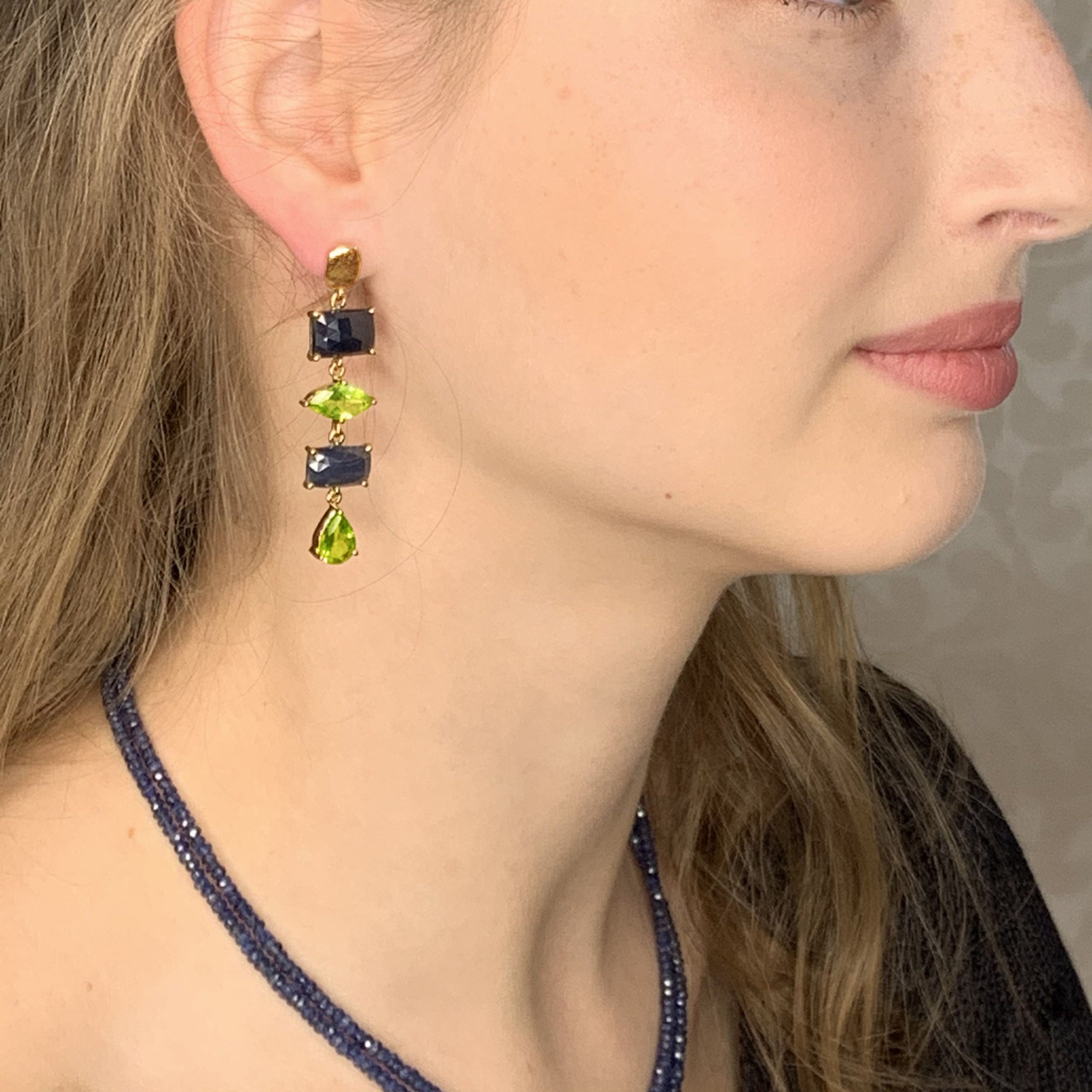 Rose Cut Blue Sapphire Slices with Peridot Gold Earrings