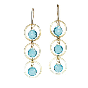 Triple Gems in Gold Forged Circles - Blue Topaz
