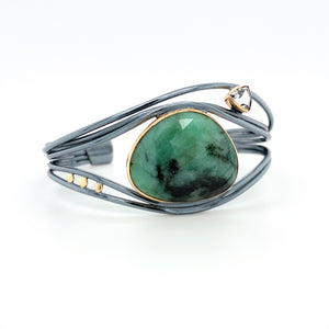 Tourmalinated Emerald & Sapphire Wide Silver Cuff Bracelet