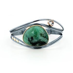 Tourmalinated Emerald & Sapphire Wide Silver Cuff Bracelet