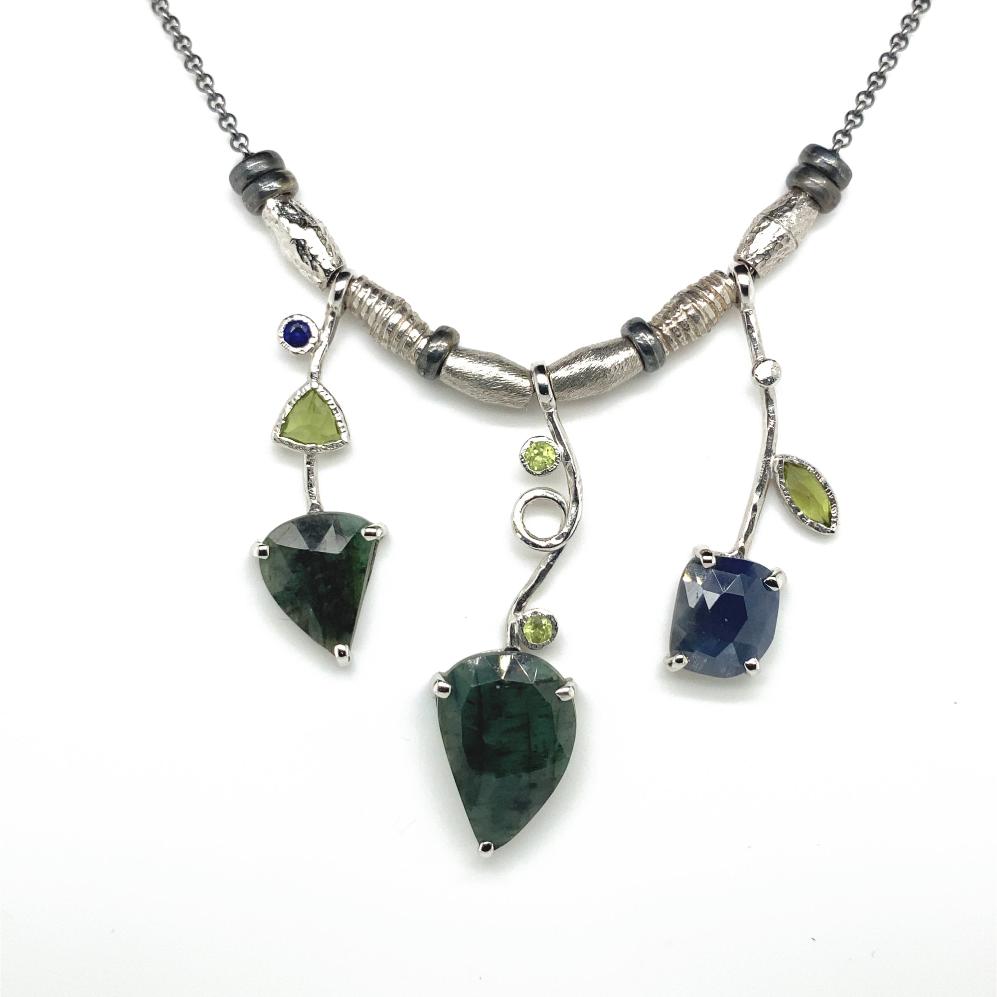 3 Stick Emerald & Blue Sapphire Necklace