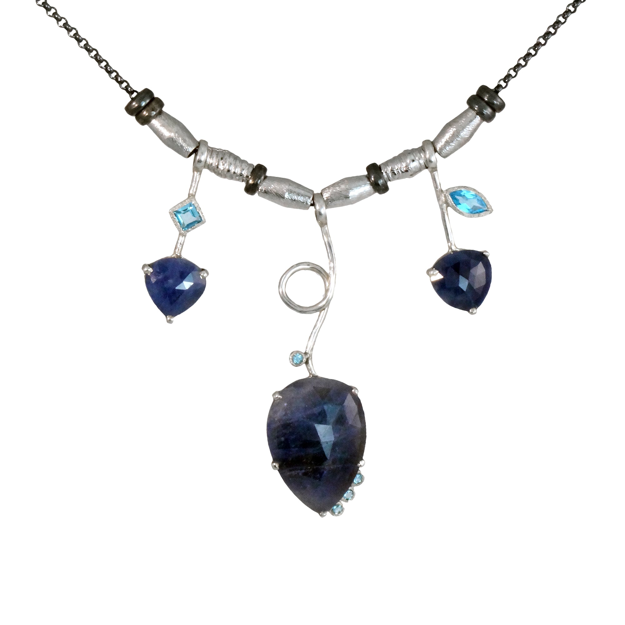 3 Stick Blue Sapphire Necklace With Blue Topaz