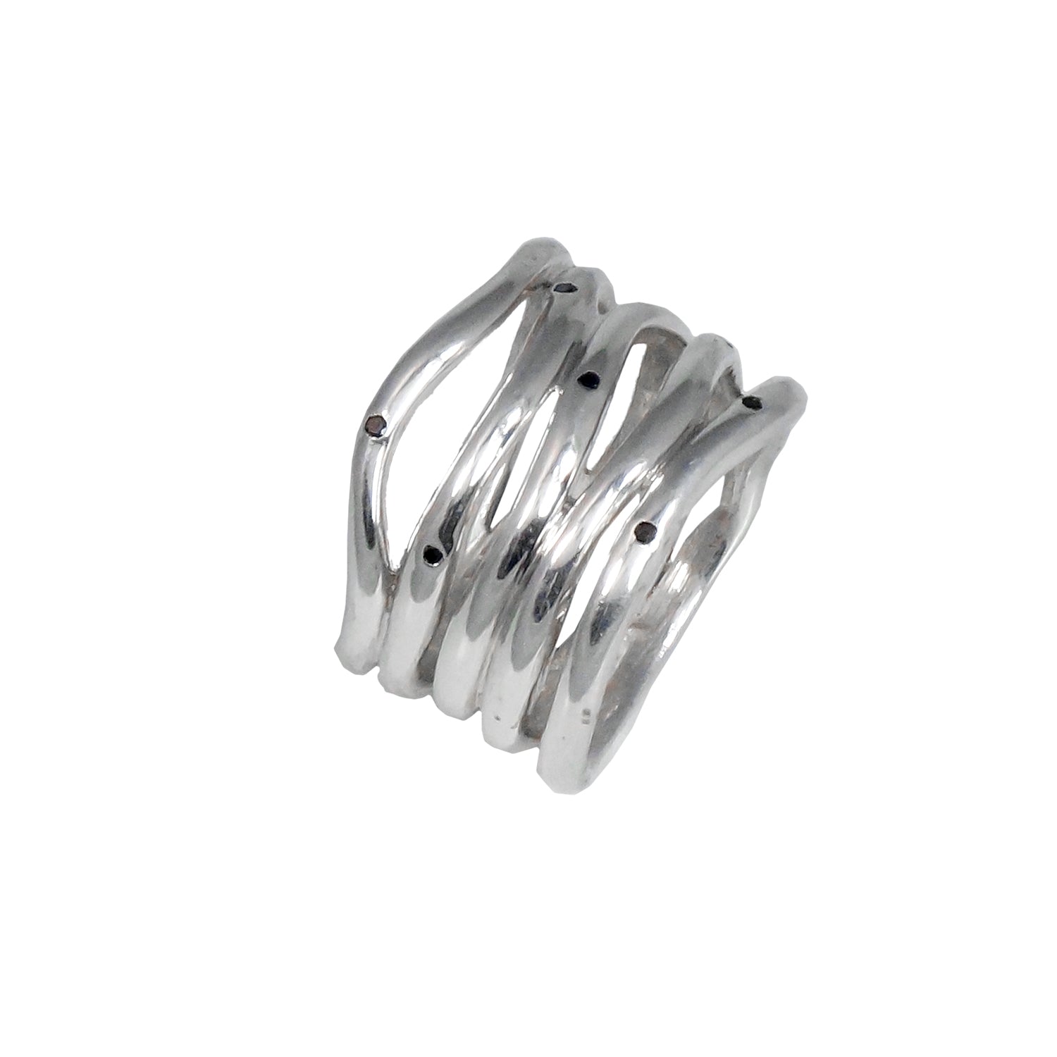 5 Line Silver Ring, Black Diamonds