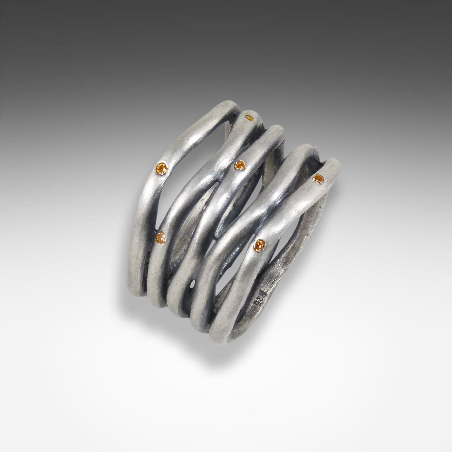 5 Line Silver Ring, Orange Sapphire