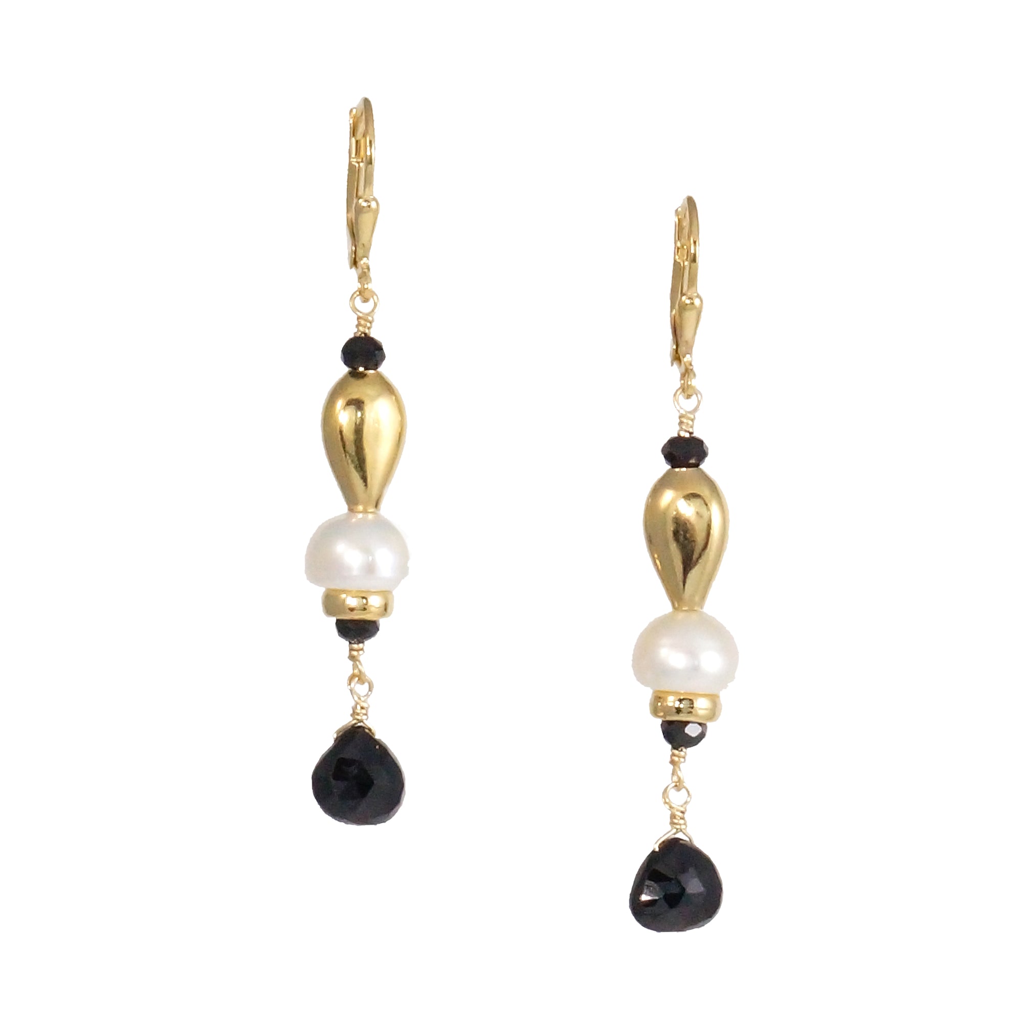 Black Spinel and Button Pearl Gold Earrings
