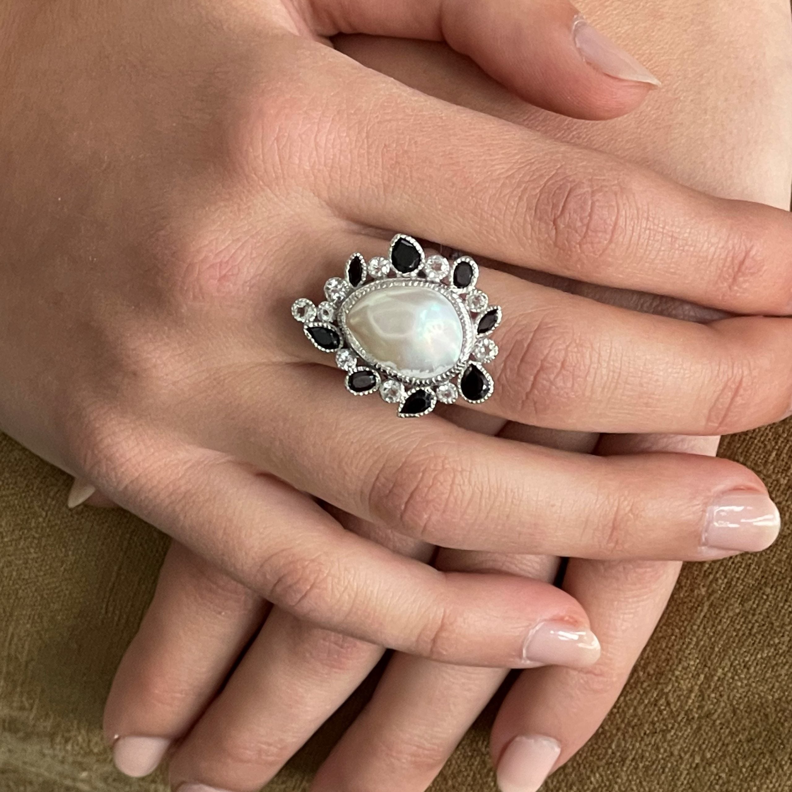 Silver Spinel and Baroque Pearl Ring - Q Evon Jewelry